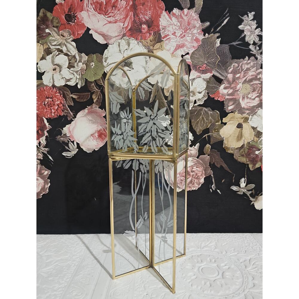 Vintage Brass & Etched Glass Candle Holder Pedestal Display Stand Vanity